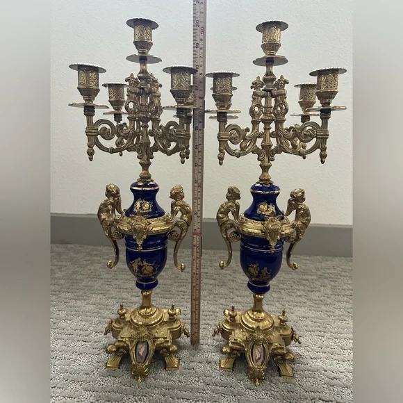 Pair Italian Cobalt & Gilt Rococo 5-Light Candelabra – Brevettato - Picture 14 of 16